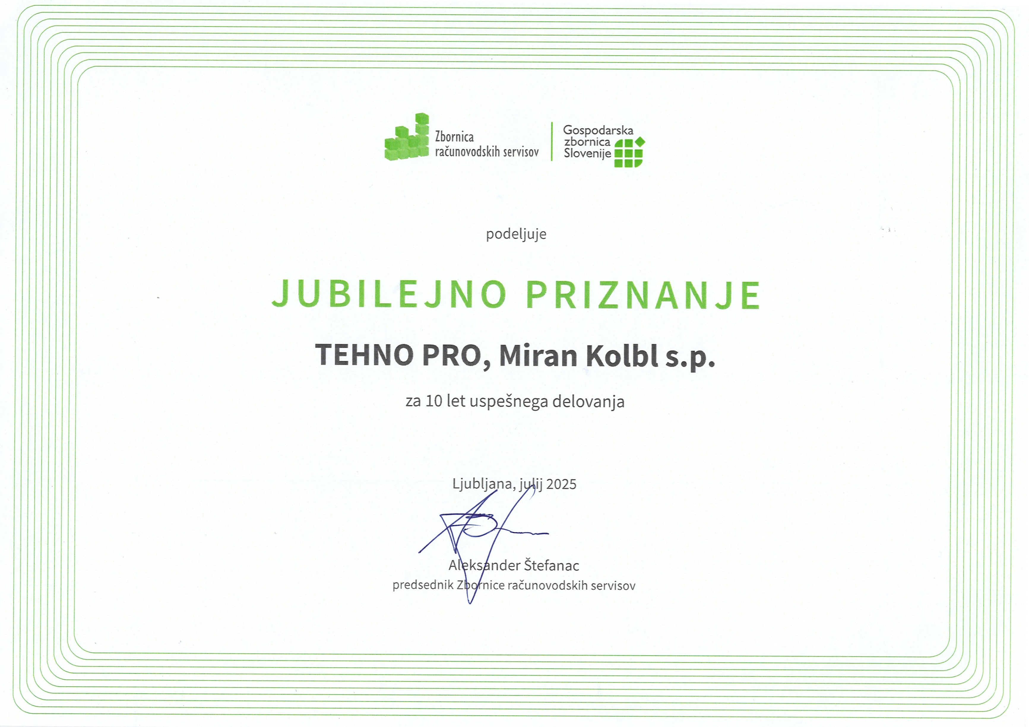 Jubilejna plaketa Zbornice računovodskih servisov ob 10-letnici poslovanja